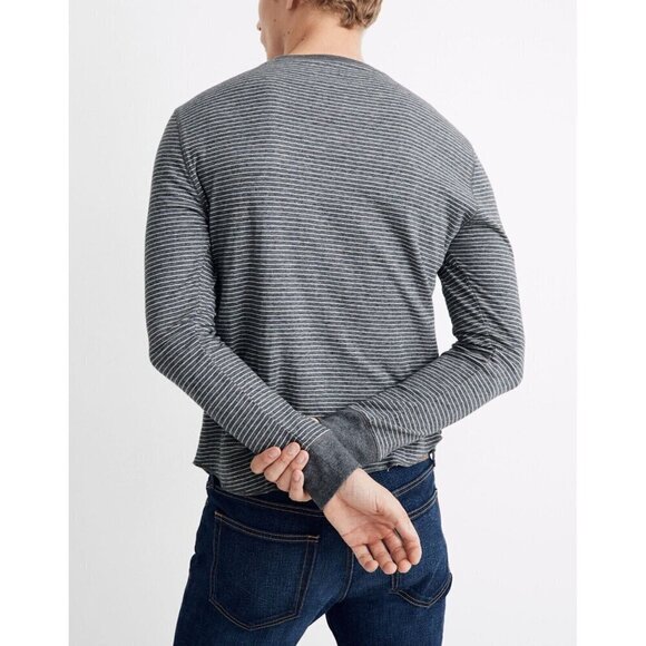Madewell Men's Doubledown Henley Tee in Gray Stripe Cotton Size XL - Picture 2 of 14